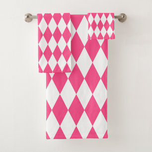 Pink White Harlequin Diamonds Checkers Design  Bath Towel Set
