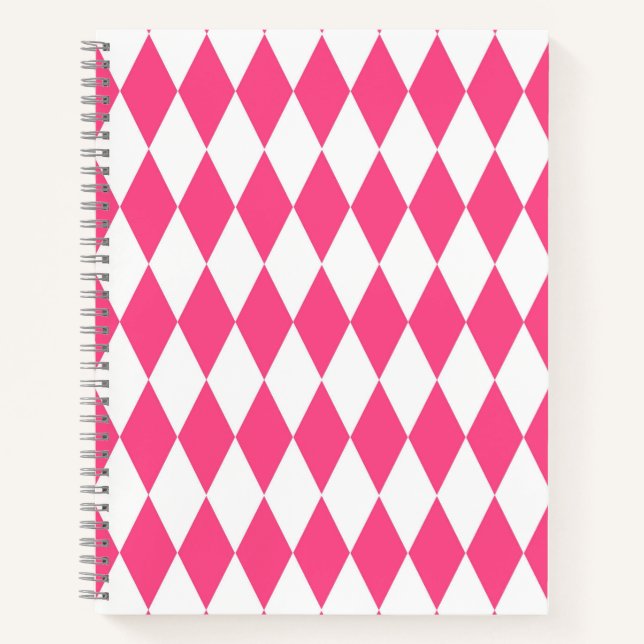 Pink White Harlequin Diamonds Checkers Design  Notebook (Front)