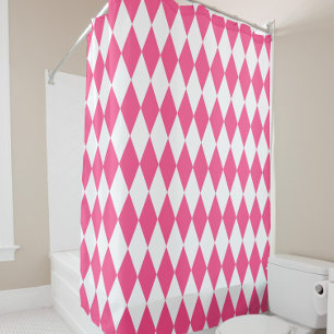 Pink White Harlequin Diamonds Checkers Design  Shower Curtain