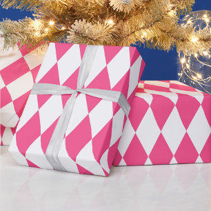 Pink White Harlequin Diamonds Checkers Design Wrapping Paper