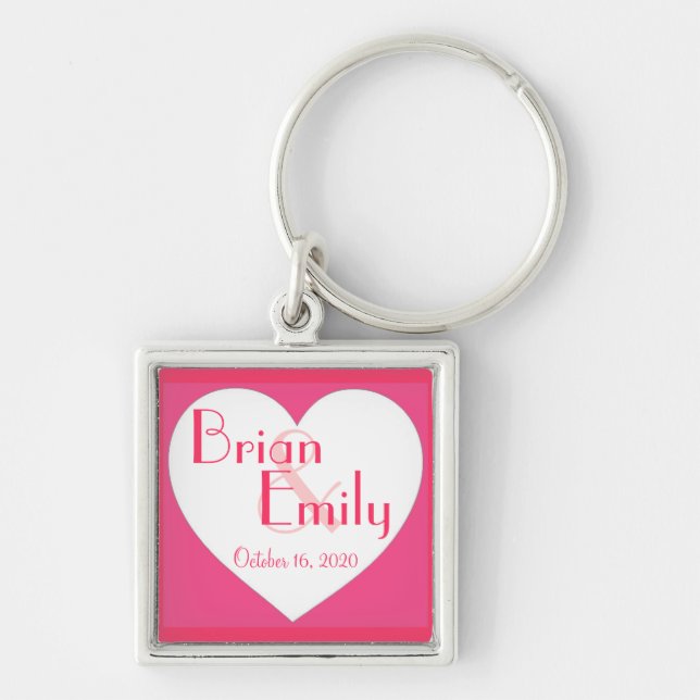 Pink white heart customisable wedding keychain (Front)