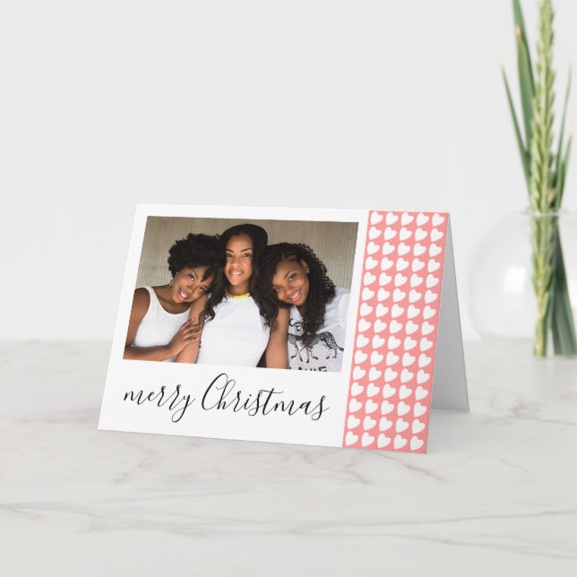 Pink White Heart Merry Christmas Photo  Holiday Card (Front)
