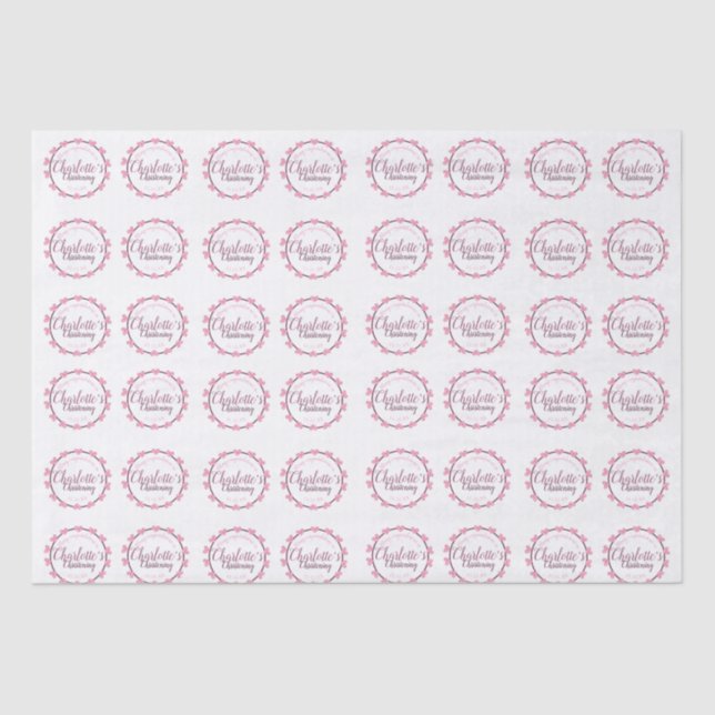 Pink & white heart petal personalised christening tissue paper (Front)