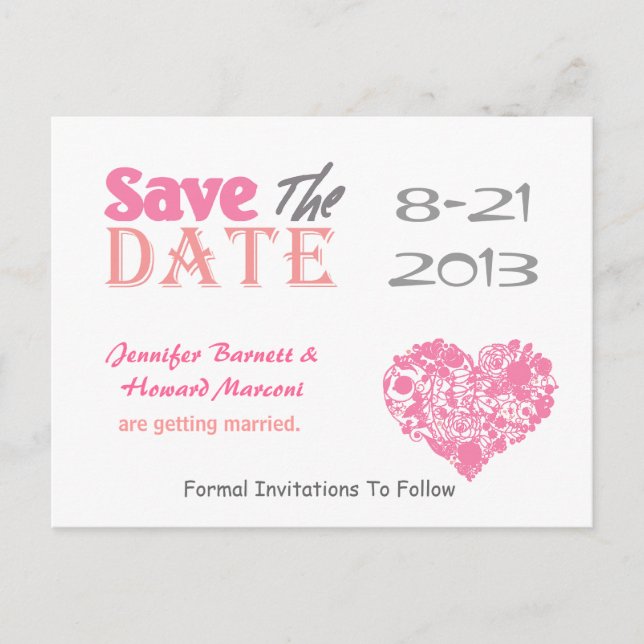Pink & White Heart Save The Date Post Card (Front)