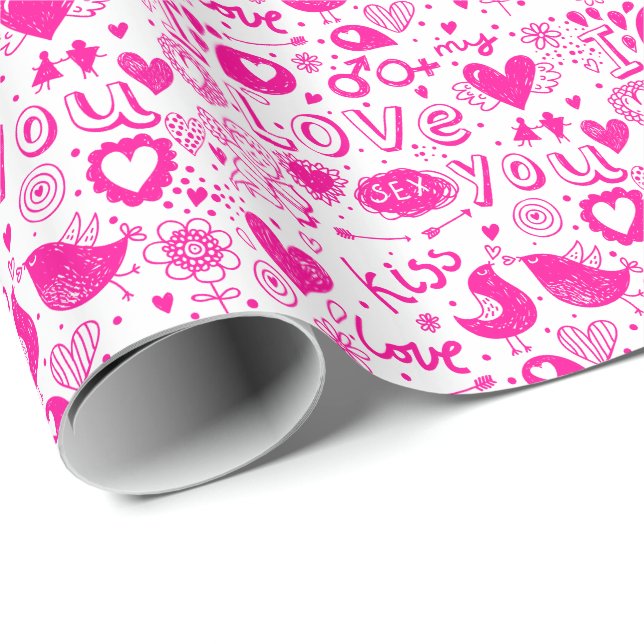 Pink & White Hearts, Birds, Cupid, Kiss Love Wrapping Paper (Roll Corner)