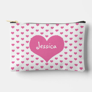 Pink White Hearts Cute Personalised Girly Name Accessory Pouch