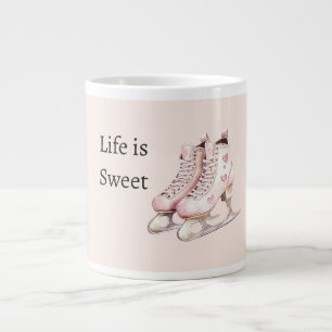 Pink White Hearts Ice Skates Life is Sweet Large Coffee Mug