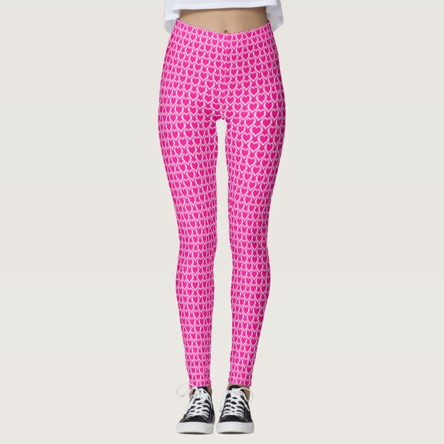 Pink White Hearts Pattern Leggings (Front)