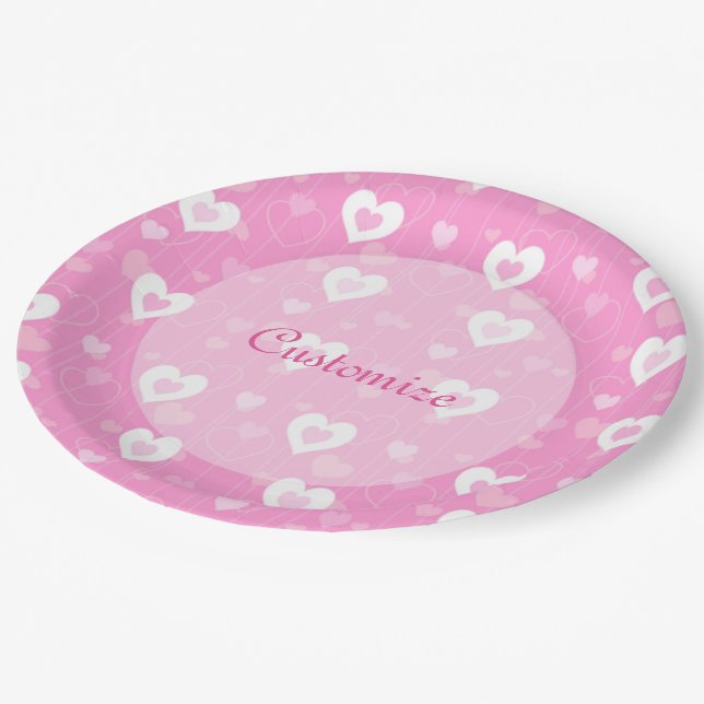 Pink & White Hearts Pattern Paper Plates (Angled)