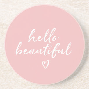 Pink White Hello Beautiful Inspirational Heart Coaster