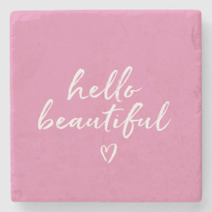 Pink White Hello Beautiful Inspirational Heart Stone Coaster
