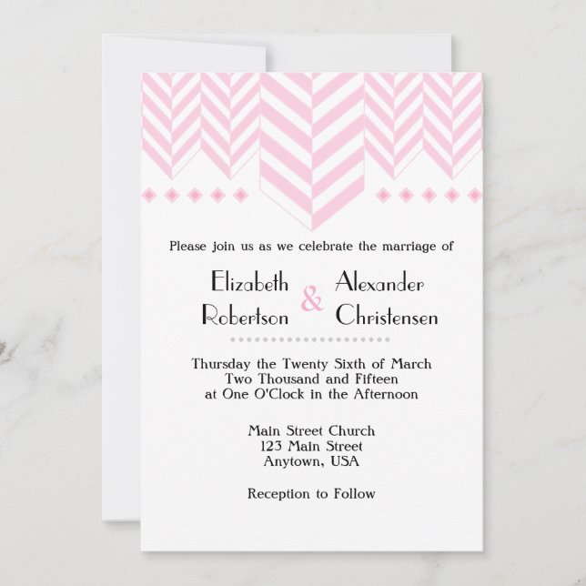 Pink White Herringbone Wedding Invitation (Front)