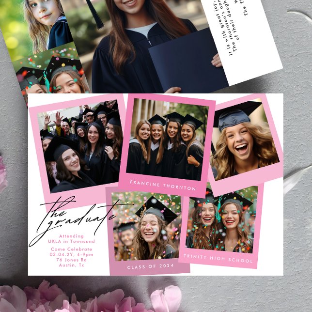 Pink White High School COLLAGE Photo Graduation Announcement (Creator Uploaded)