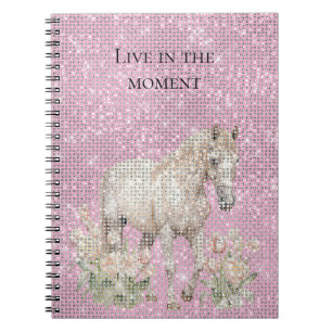 Pink White Horse Floral Sparkle Notebook