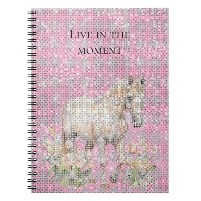 Pink White Horse Floral Sparkle  Notebook (Front)