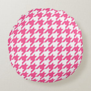 Pink White Houndstooth Check Design Round Cushion