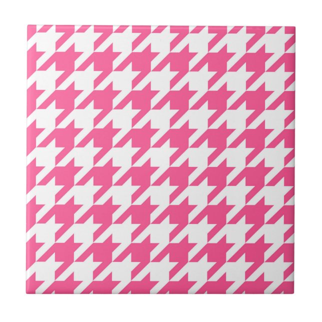 Pink White Houndstooth Check Design  Tile (Front)