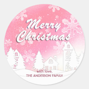 Pink White House Snowflakes Xmas Happy New Year  Classic Round Sticker