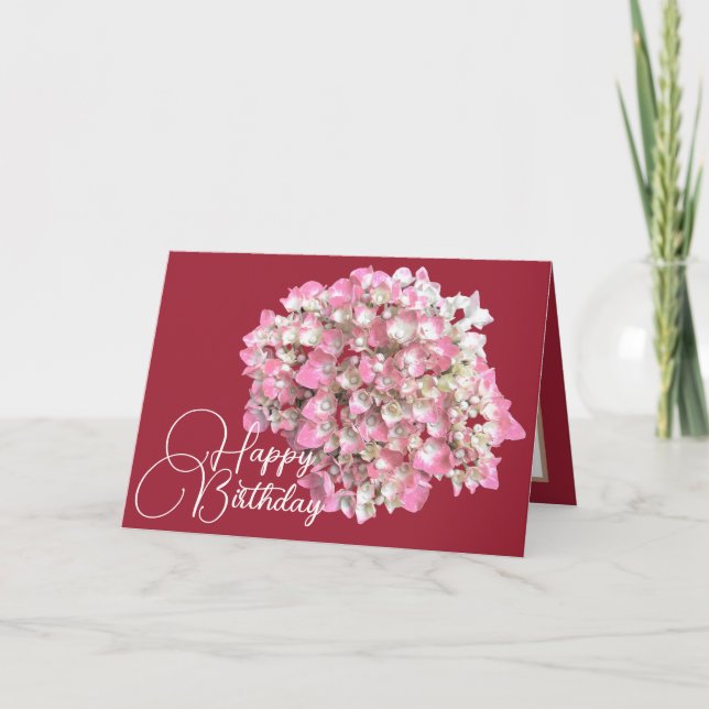 Pink/White Hydrangea Blush Backdrop Happy Birthday Card (Front)