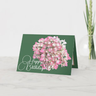 Pink/White Hydrangea Green Backdrop Happy Birthday Card