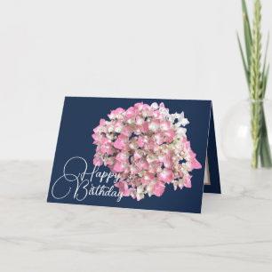 Pink/White Hydrangea Navy Backdrop Happy Birthday Card