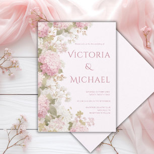 Pink White Hydrangeas Elegant Modern Wedding Invitation