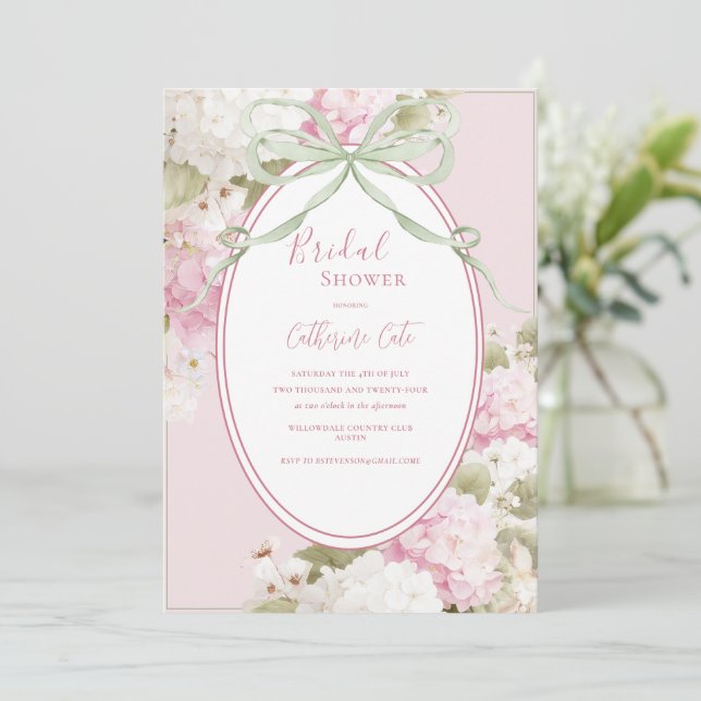 Pink White Hydrangeas Sage Green Bridal Shower Invitation (Standing Front)