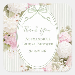 Pink White Hydrangeas Sage Green Bridal Shower Square Sticker