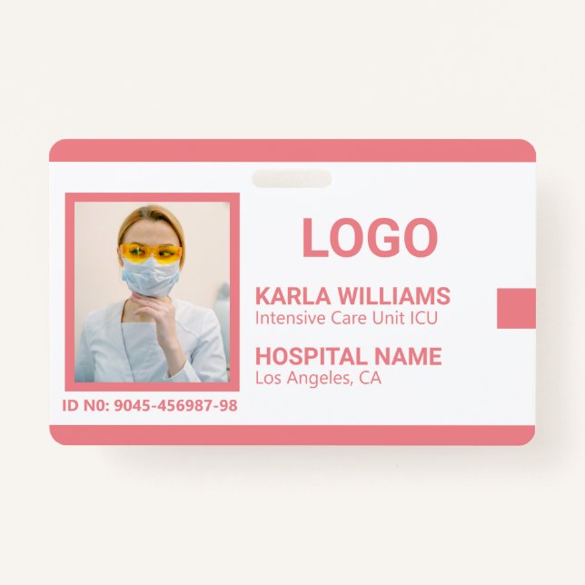 Pink White ICU Nurse ID Photo Badge  ID Badge (Front)