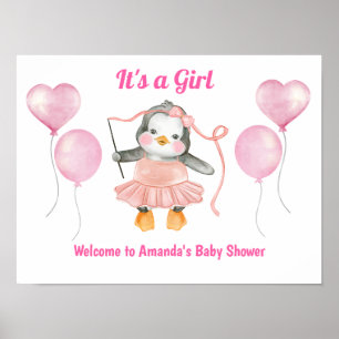 Pink White Its a Girl Baby Shower Penguin Welcome Poster