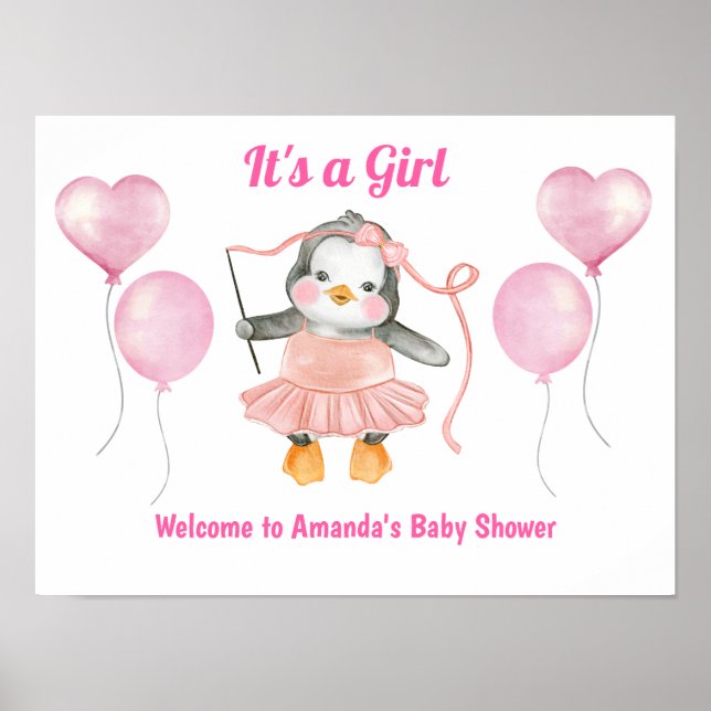 Pink White Its a Girl Baby Shower Penguin Welcome Poster (Front)