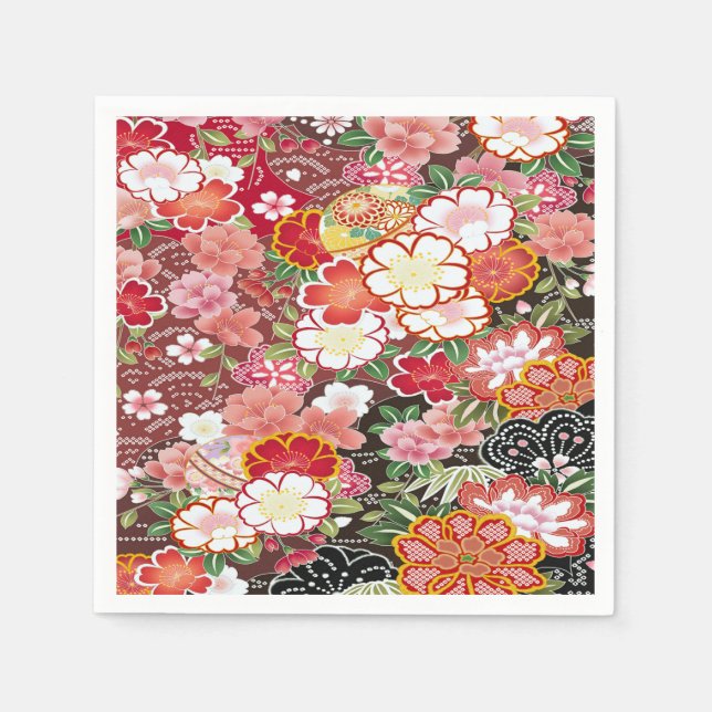 Pink White Japanese Kimono Floral Decoupage Paper Napkin (Front)