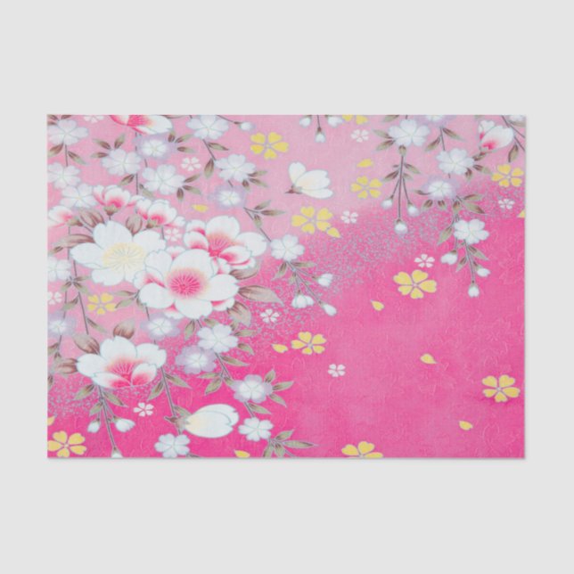 Pink White Japanese Kimono Floral Decoupage Tissue Paper (Front)