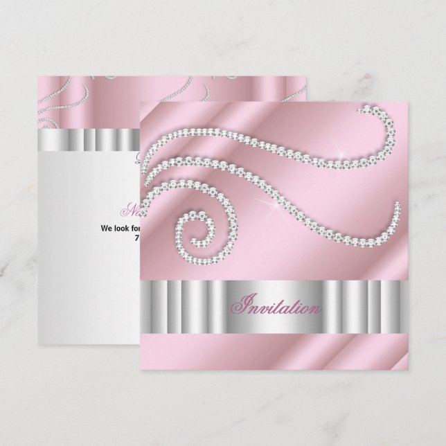 Pink White Jewel diamonds Silver Birthday Party Invitation (Front/Back)