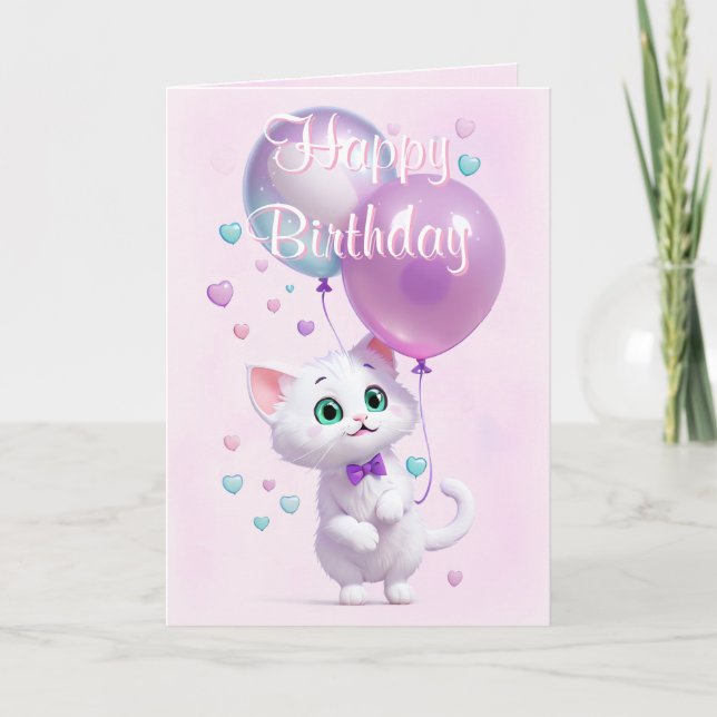 Pink White Kitten with Balloons Birthday Card (Front)