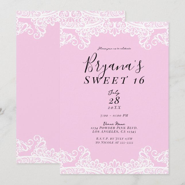 Pink & White Lace Elegant Sweet 16 Party  Invitation (Front/Back)