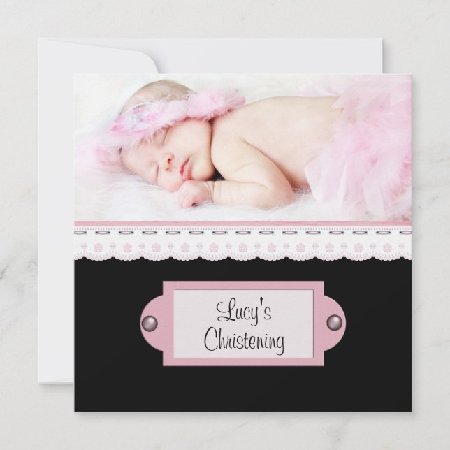 Pink White Lace Pink Black Girl Photo Christening Invitation (Front)