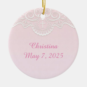 Pink, White Lace, Religious Ceramic Tree Decoration