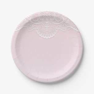 Pink, White Lace, Religious Paper Plate