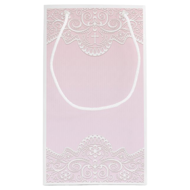 Pink, White Lace, Religious Small Gift Bag (Back)