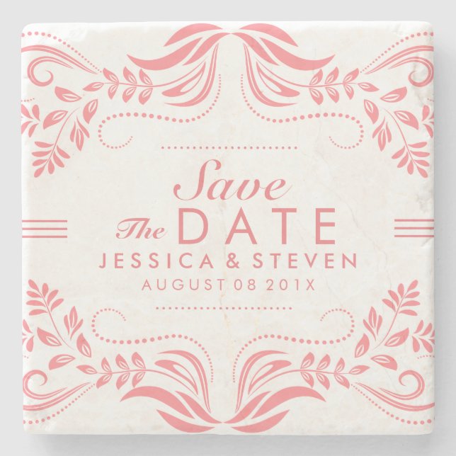 Pink & White Lace Save The Date Sticker 2 Stone Coaster (Front)