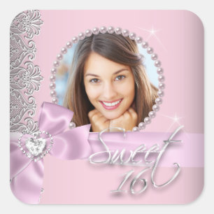 Pink White Lace Sweet Sixteen Sweet 16 Photo Square Sticker