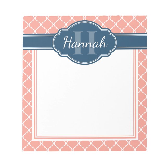 Pink White Lattice Pattern Blue Monogram Notepad (Front)