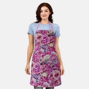 Pink White Lavender Rose Flowers Pattern Apron