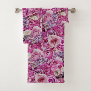 Pink White Lavender Rose Flowers Pattern Bath Towel Set