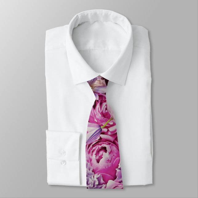 Pink White Lavender Rose Flowers Pattern Tie (Tied)