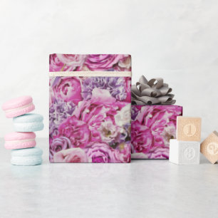 Pink White Lavender Rose Flowers Pattern Wrapping Paper