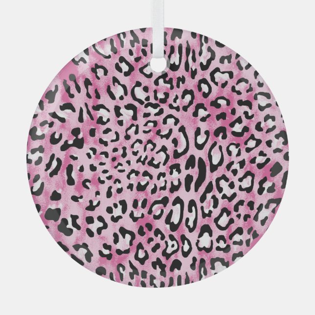Pink White Leopard Pattern. Glass Tree Decoration (Front)