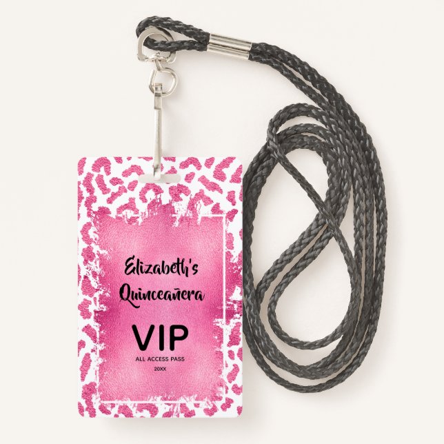 Pink White Leopard Quinceañera Invite VIP Pass ID Badge (Front with Lanyard)