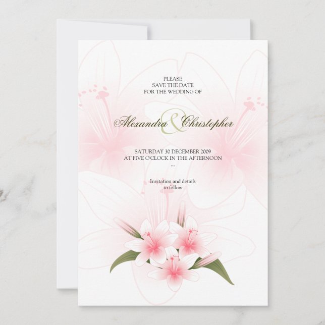 Pink & White Lilies Wedding Save The Date Announce (Front)